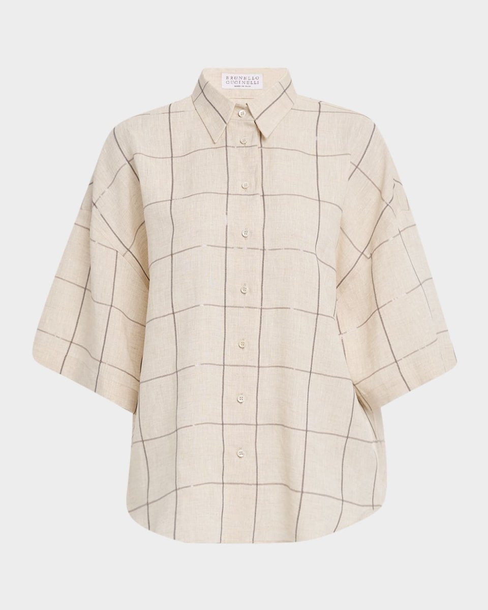 Paillette Check Light Linen Button-Down Shirt